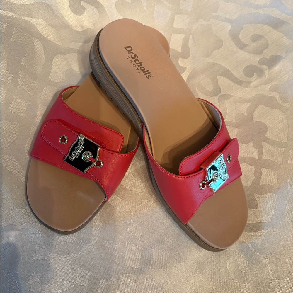 Dr. Scholl's Red and Tan Buckle Slides
